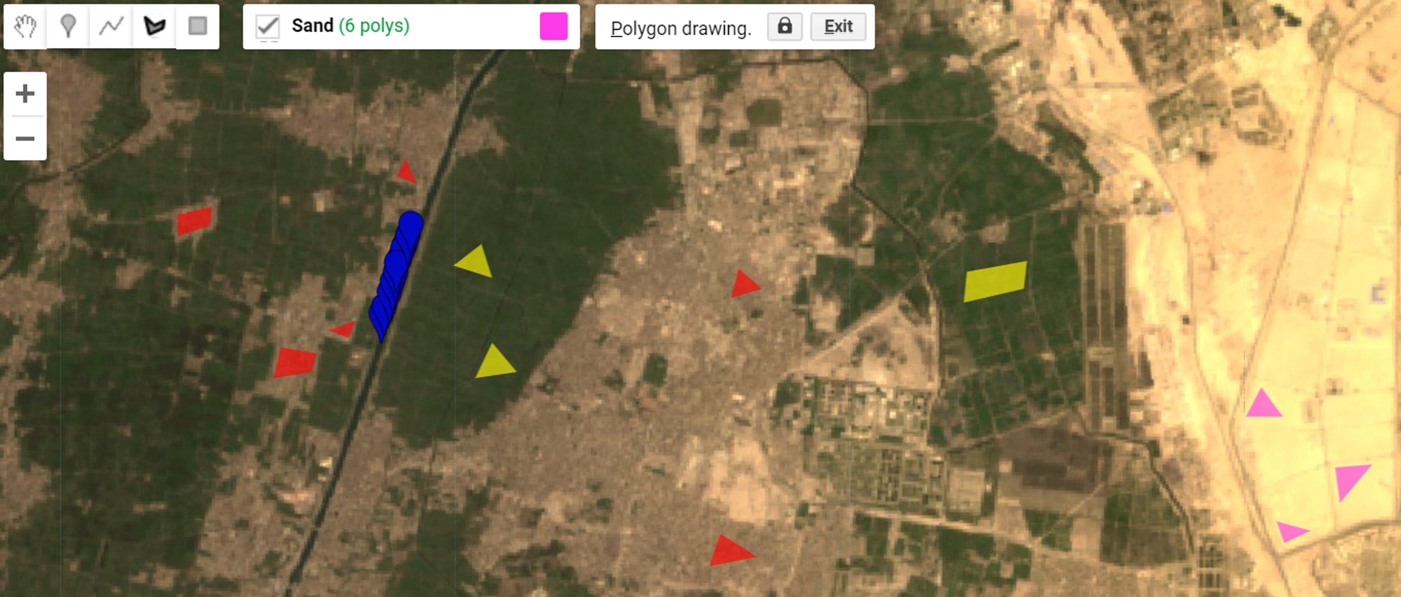 Example of sample points and polygons for ‘Water’ (blue), ‘Cropland’ (yellow), ‘Urban’ (red) and ‘Sand’ (pink). Each pixel within the polygons will be used as training inputs for the RF classifier.