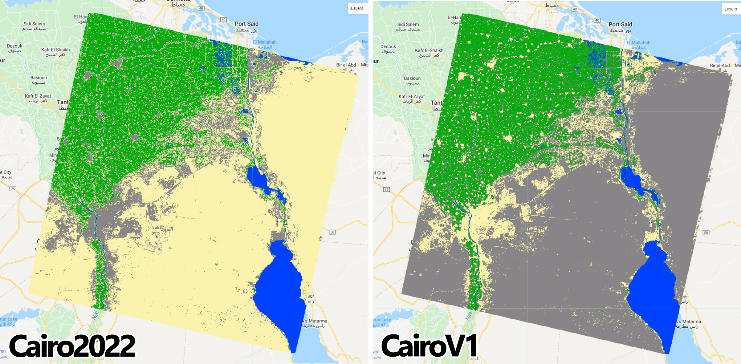 `Cairo2022` and `CairoV1` maps using the original `paletteMap`. Note that Sand and bare areas and Built-up and Urban areas switched colors as we switched their order.  