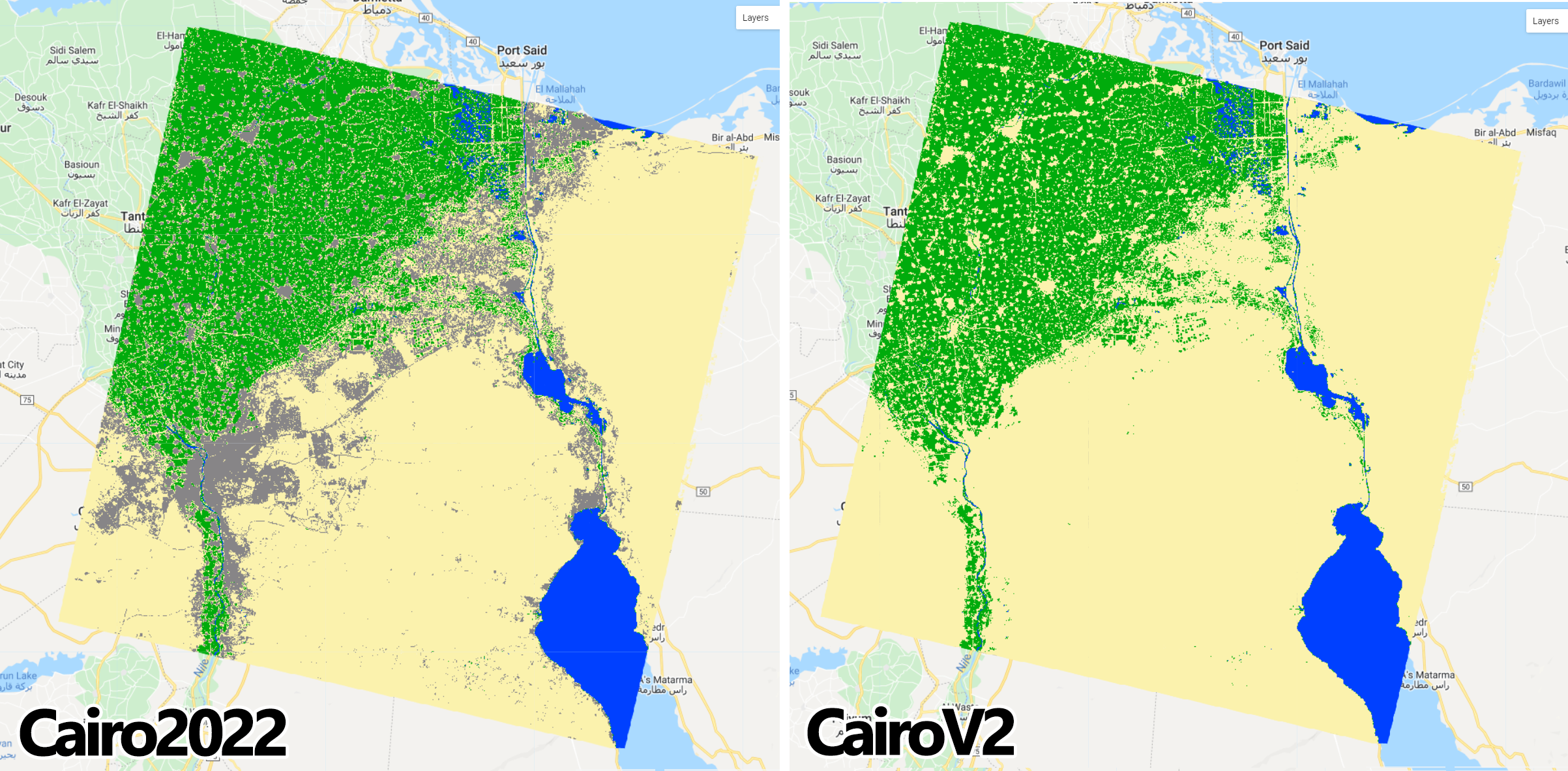 `Cairo2022` and `CairoV2` maps using the original `paletteMap`. Note that *Sand and bare areas* and *Built-up and Urban areas* have the same color as they were merged under the same pixel value (2).