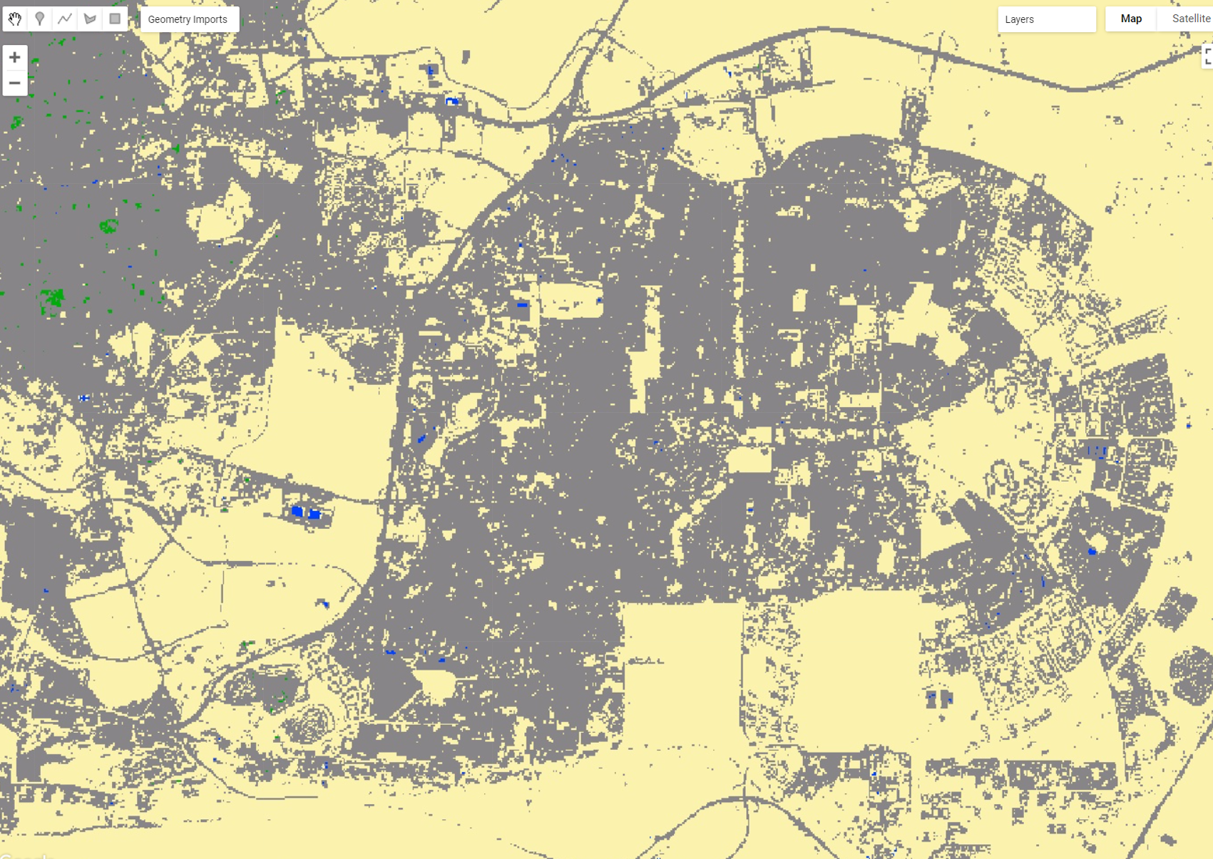 `CairoV3` showing the pixels of Cropland/Cultivated Areas remapped as Built-up and Urban Areas within `aoi`.