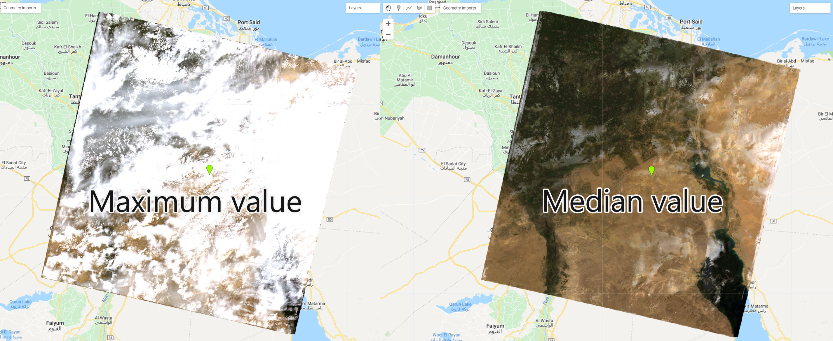 Maximum and median value composites. Clouds are evident in the maximum value composite due to their high reflectance values.