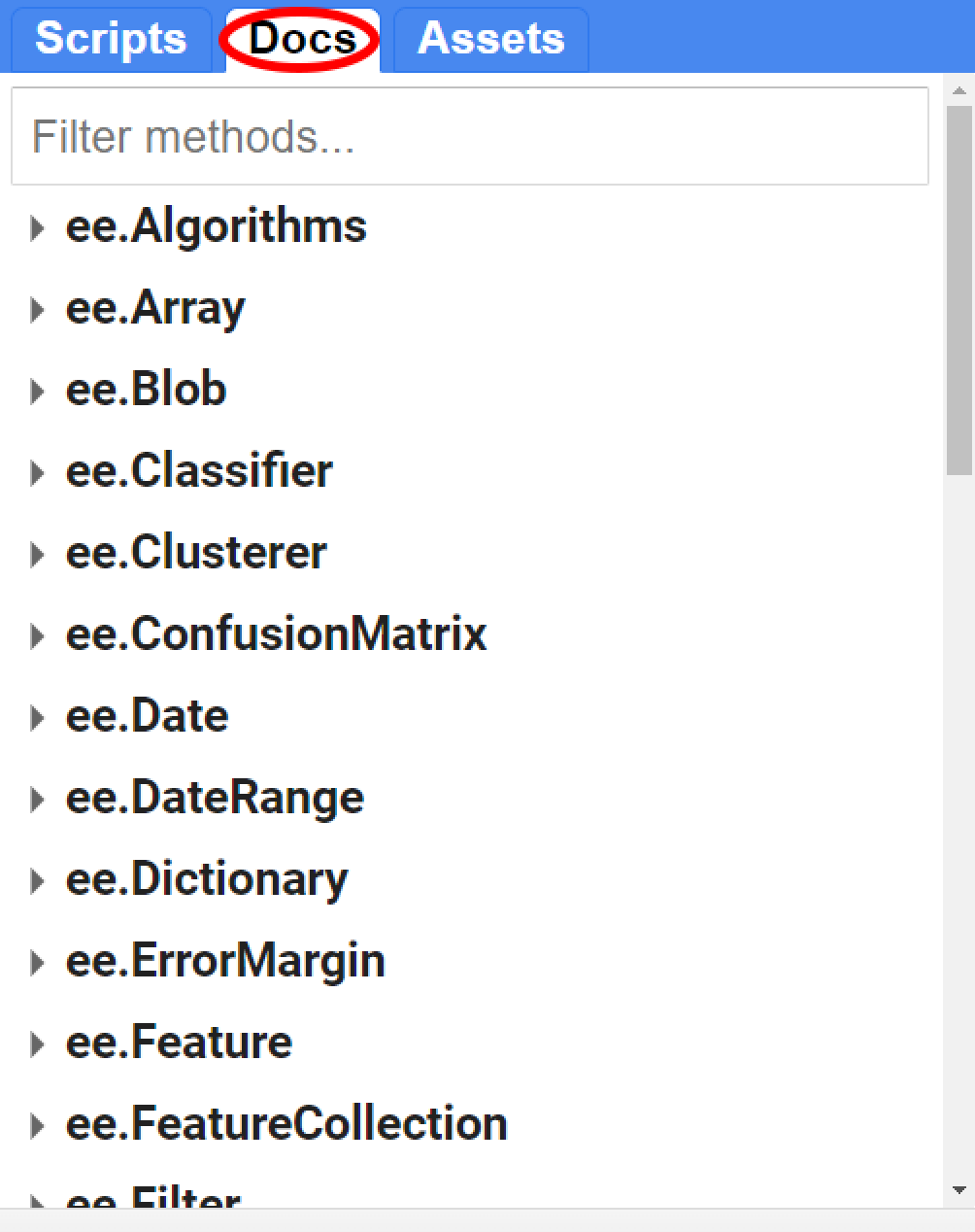 List of available objects in the Docs tab of GEE API.