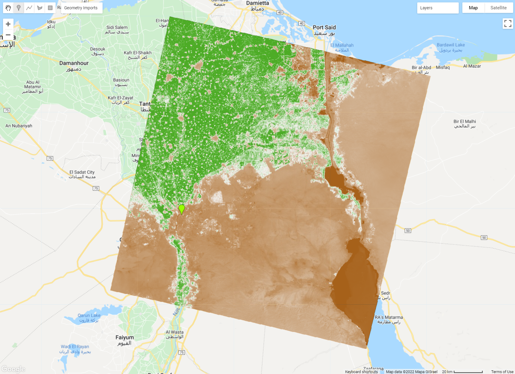 NDVI Image highlighting the agricultural area in the Nile Delta. With the visualization parameters provided above, higher values of NDVI (that is, higher content of chlorophyll in live green leaves) is shown in green. 