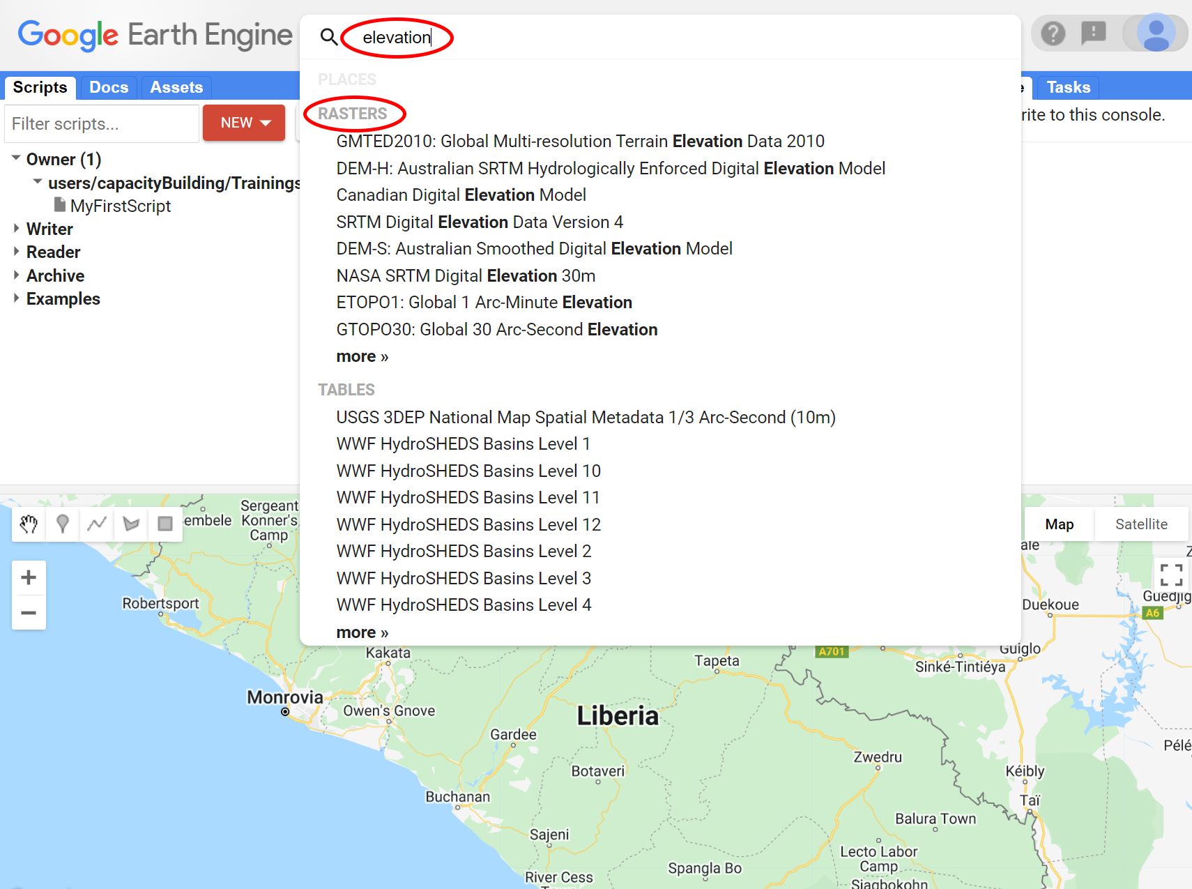 Typing in the search field. Google Earth Engine will show all datasets available with that criteria.