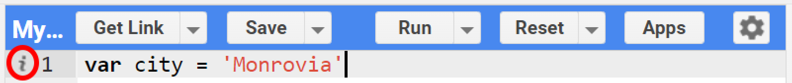 Even though they are not a requirement, Google Earth Engine indicates that a semicolon is missing in the statement. You can hover the mouse cursor over the icon to reveal its meaning.