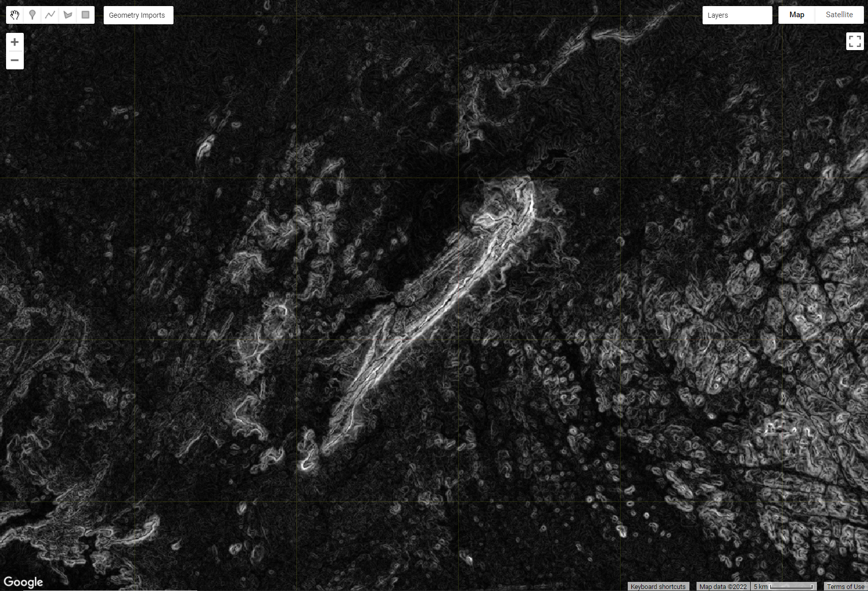 Slope image calculated with the `.slope()` method of the `ee.Terrain` package. Mount Nimba in Liberia is shown in white.