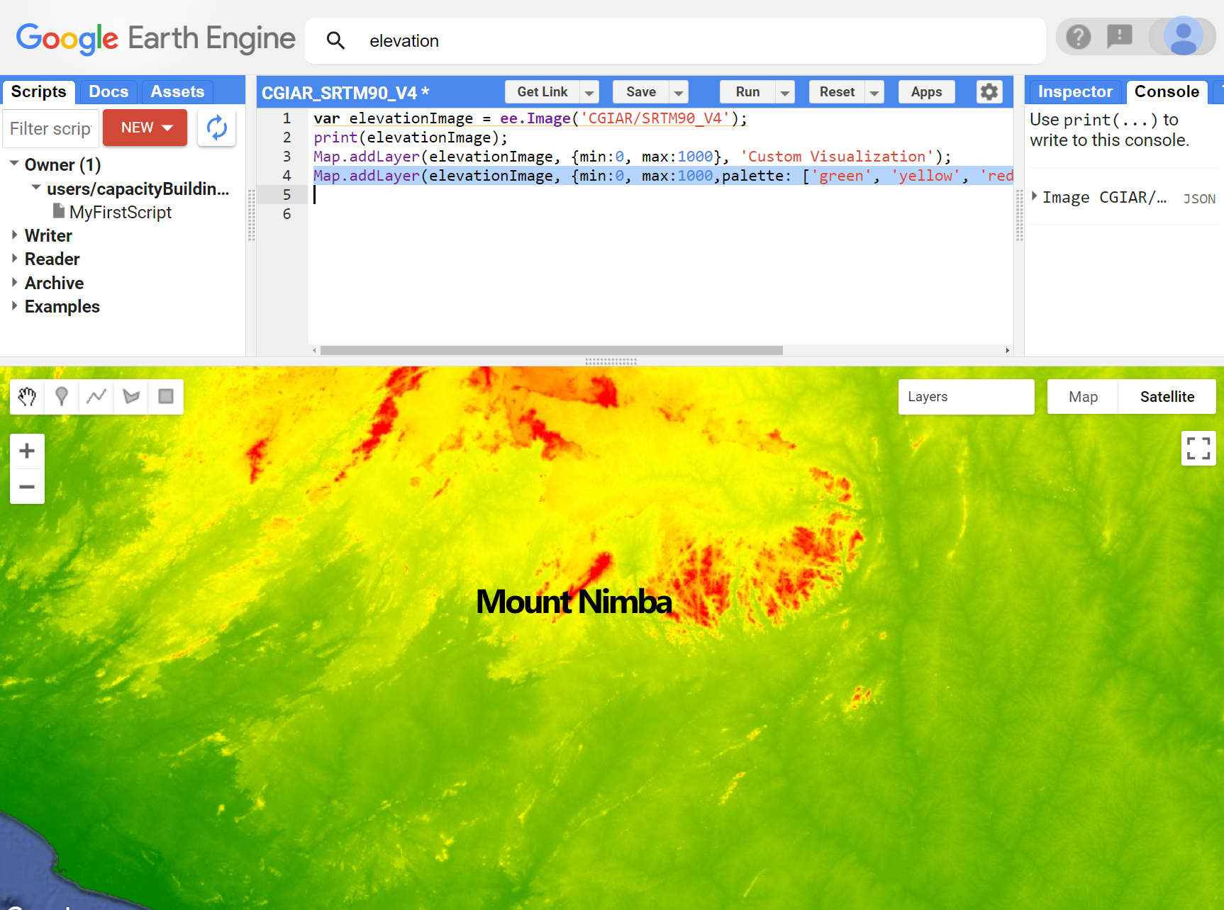 Custom Visualization for the SRTM data based on range of values and color palette.