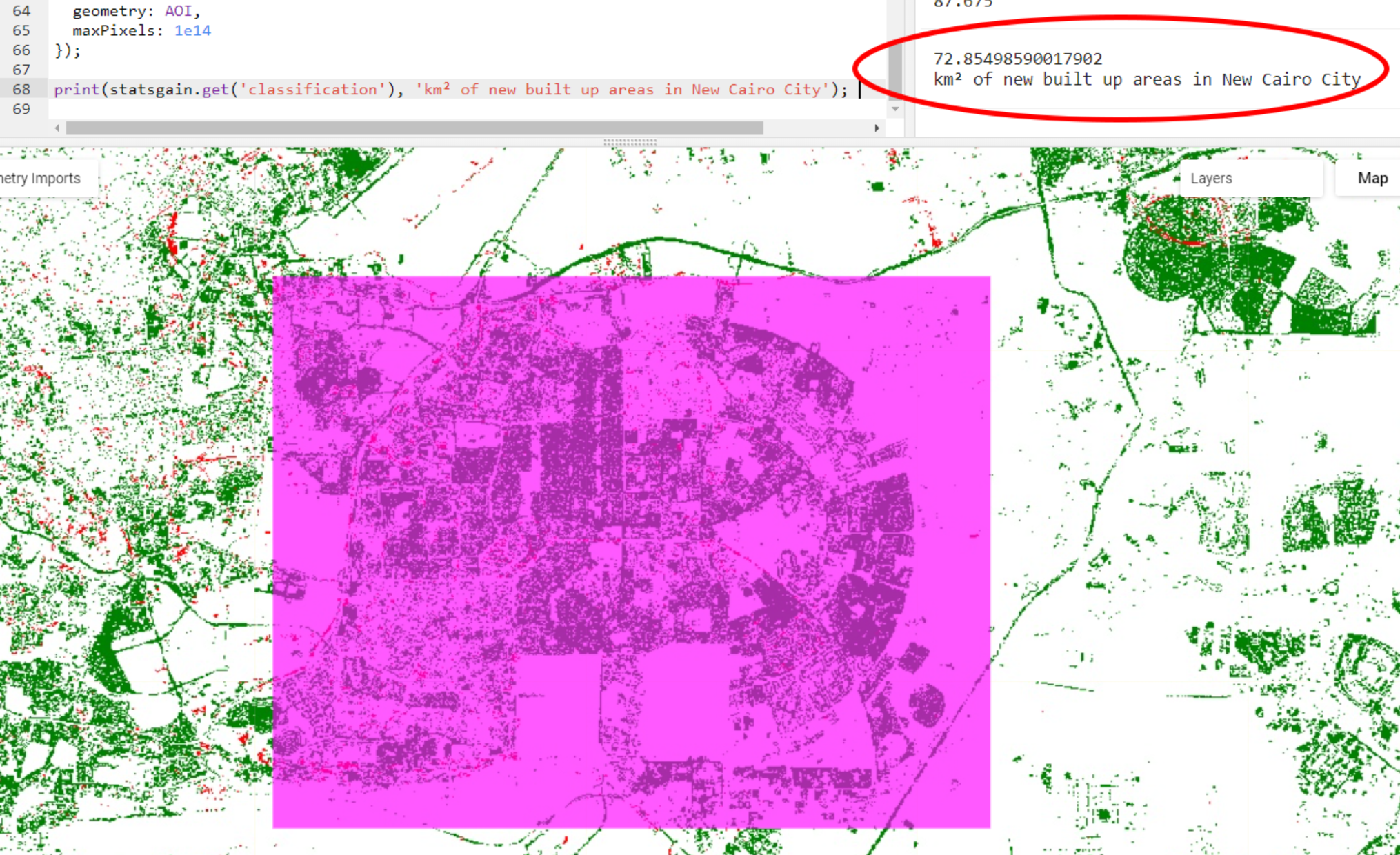 Subset of the 2015-2022 Change Map. Expansion of the future capital of Egypt, New Cairo City. The `.reduceRegion()` method was used to calculate the extent of gains for the urban/built up class. Finally `print()` was used to print the result to the __Console__ tab. 