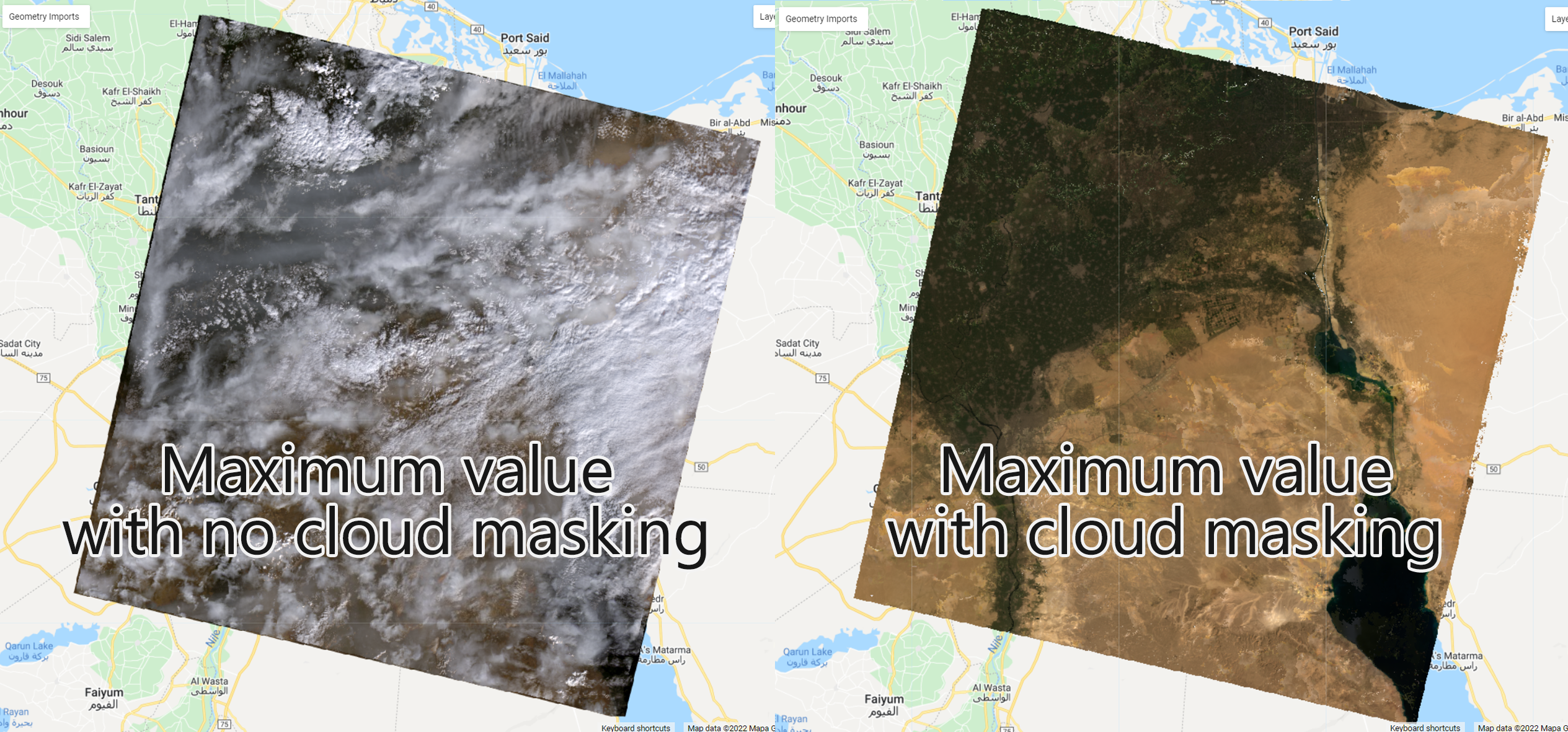 A maximum value composite created with an image collection masked by clouds compared to a composite created using an unmasked collection.