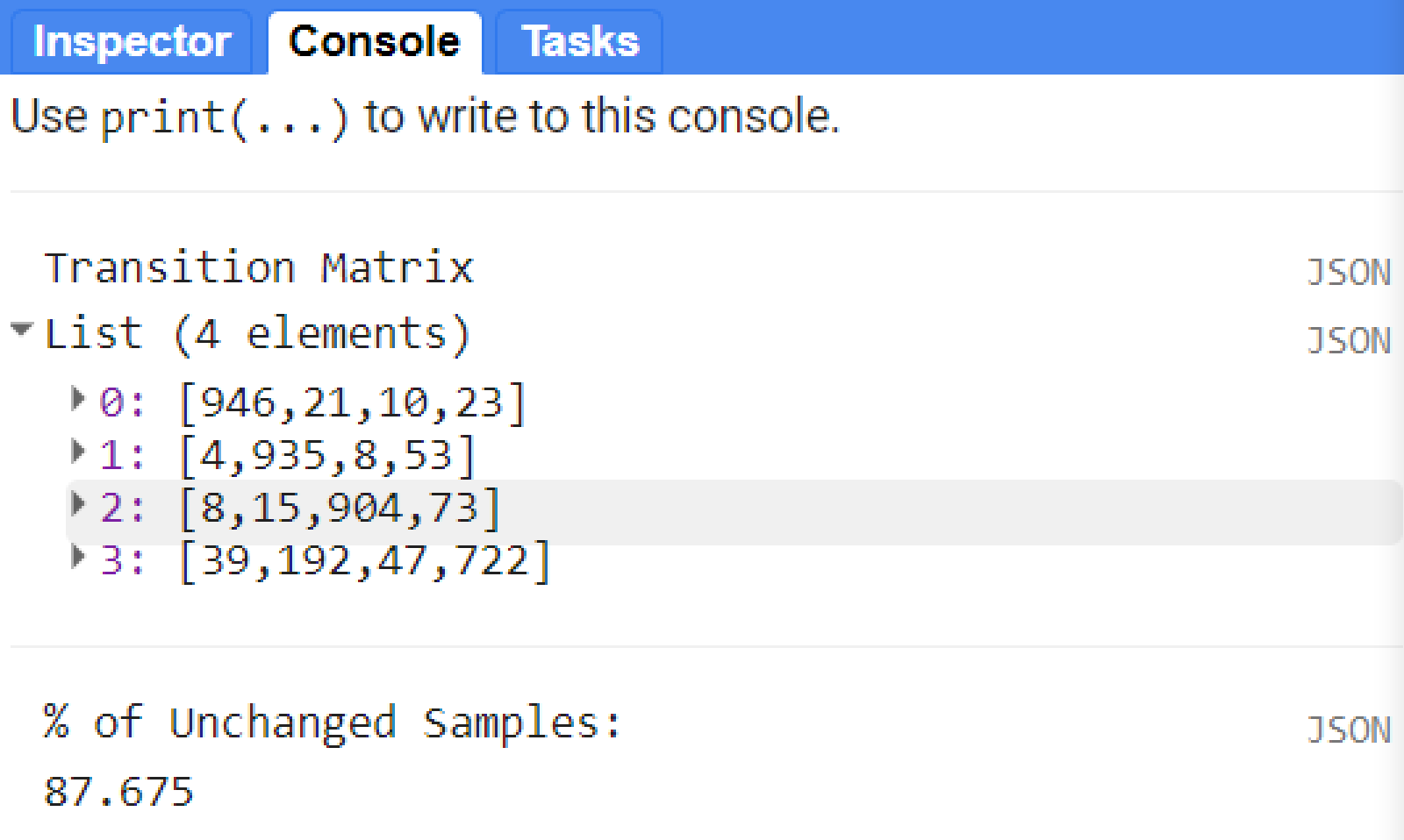 Transition matrix based on the 4000 (1000 for each class) samples.