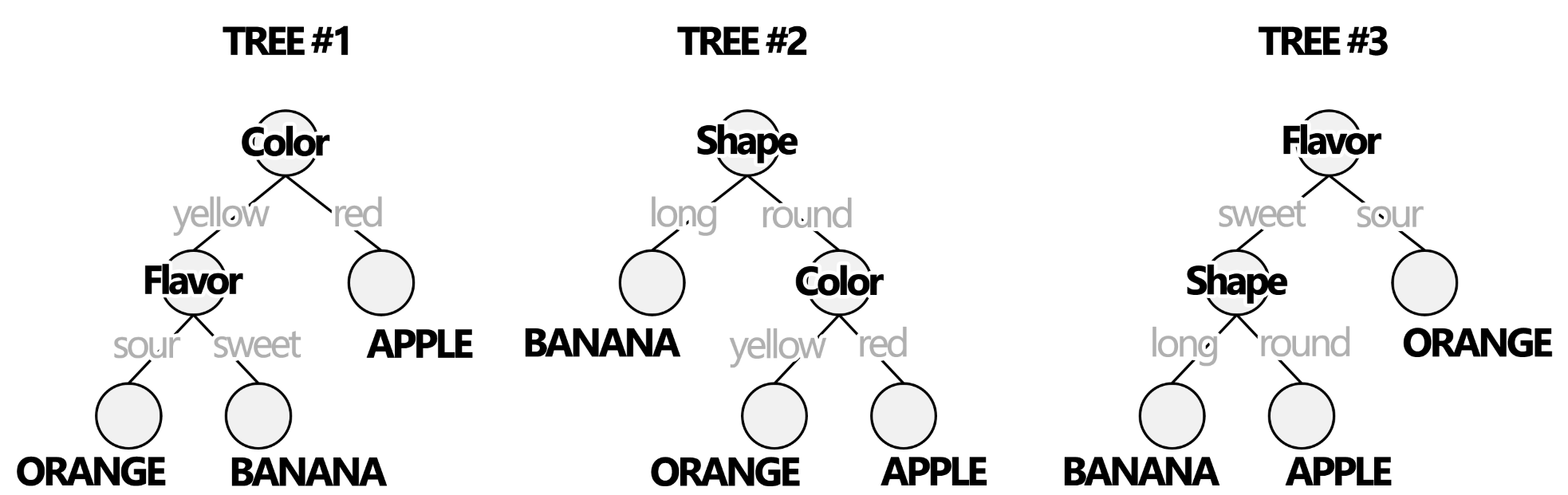 A Machine Learning Random Forest Classifier with 3 trees trained with the sample set above. Note that algorithm was able to 'learn' about each fruit separate them based on their attributes.