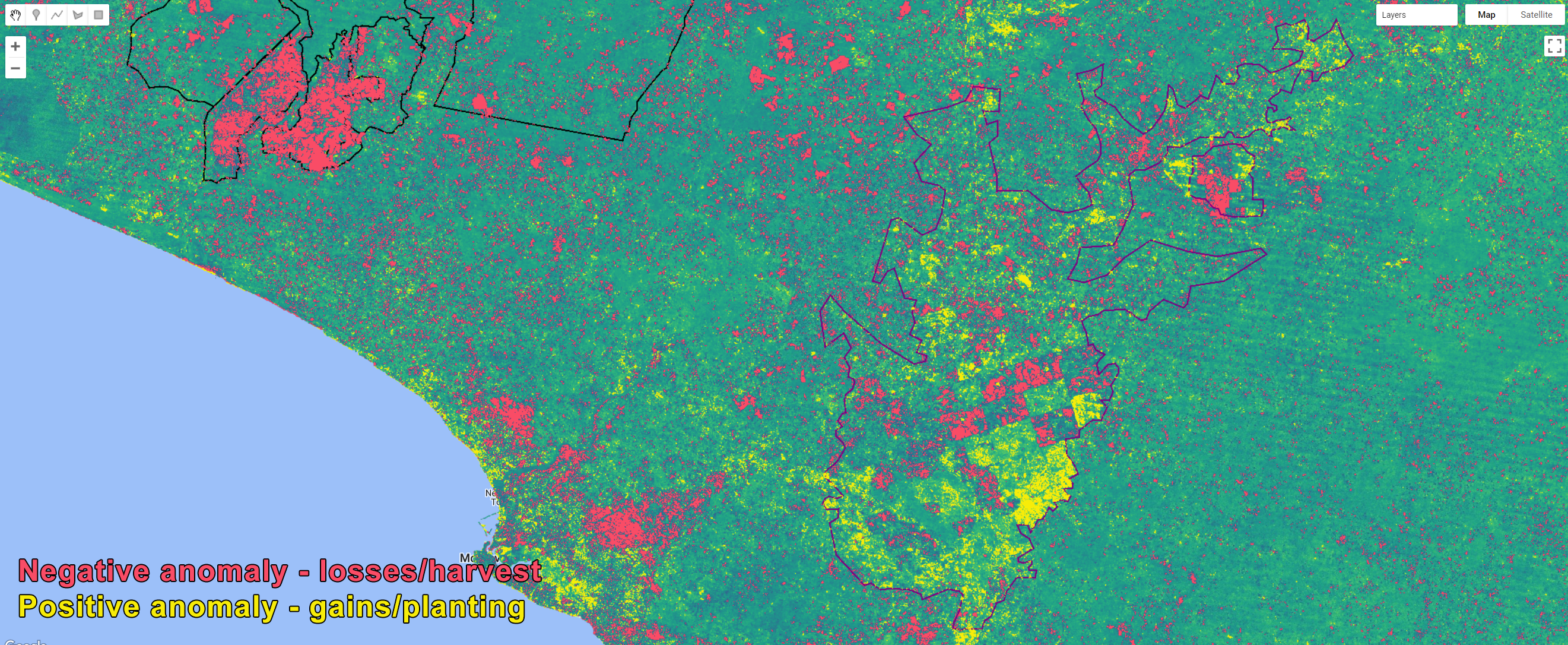 Areas of losses/harvest and gains/planting based on threshold values of NBR anomaly.