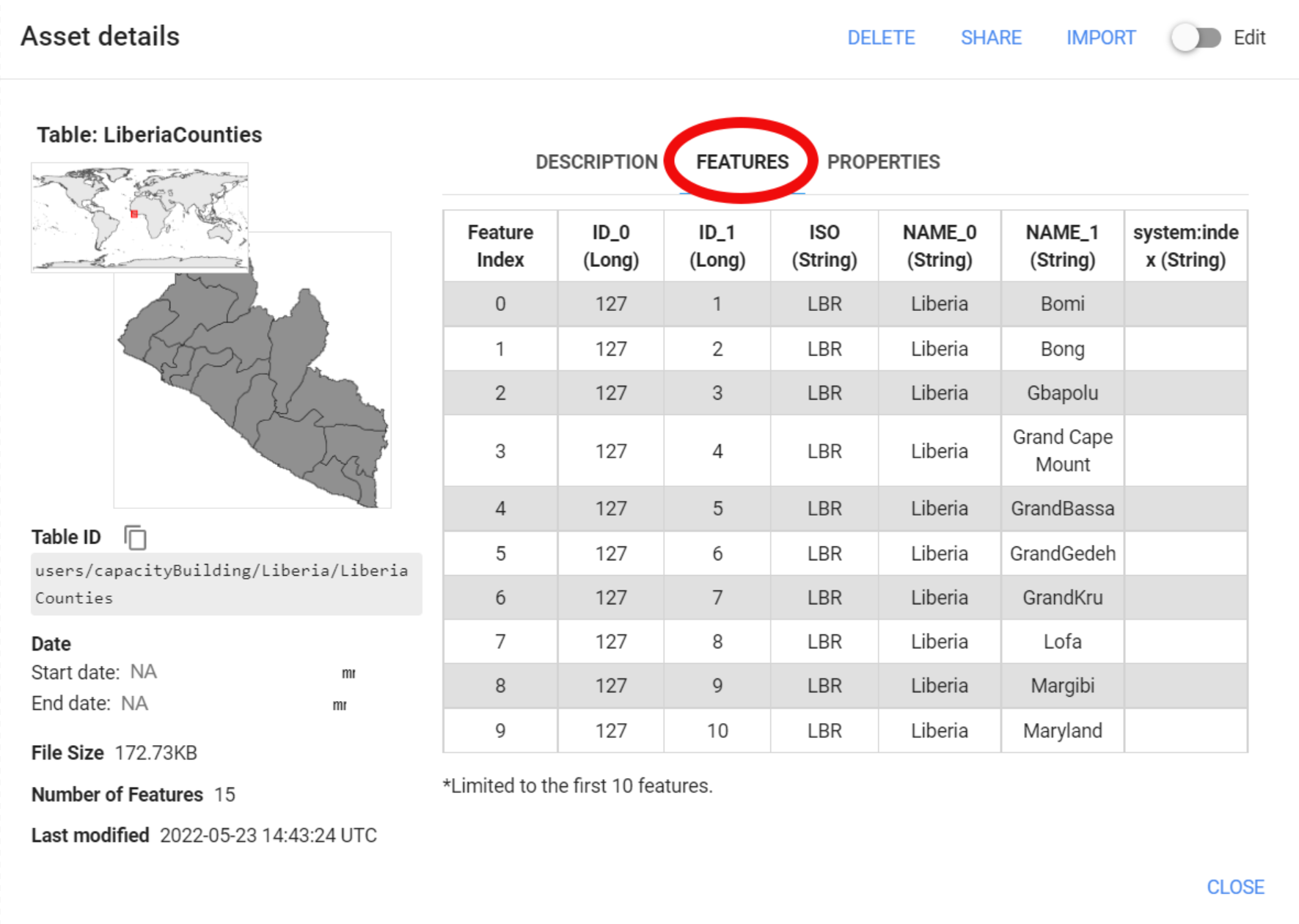 Asset information. This imported dataset includes multiple features.