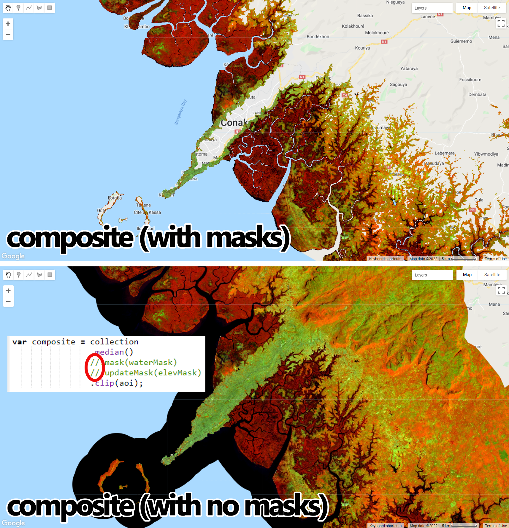 Masked composite displayed with an RGB564 composition highlighting mangrove forests in dark red. Notice that areas of open water and higher altitudes were masked as they are not relevant to our example. Unmasked composite was added for comparison purposes: you can take advantage of indenting to turn masks on/off with // comment bars.