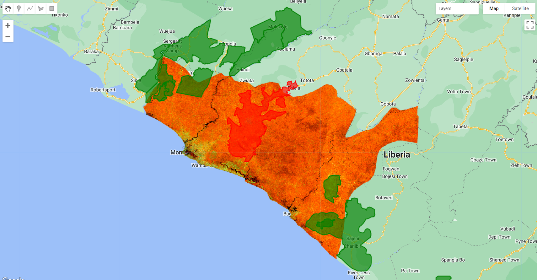 Rubber (red) and Oil Palm (green) concessions in Liberia. The spectral signature of these woody crops are identical with those of natural vegetation making it very challenging to classify.