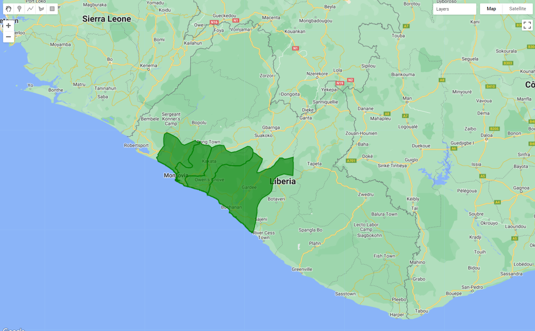 The `aoi` feature collection filtered by metadata. Here, a filter to select the counties of Bomi, Montserrado, Margibi and Grand Bassa was used. 