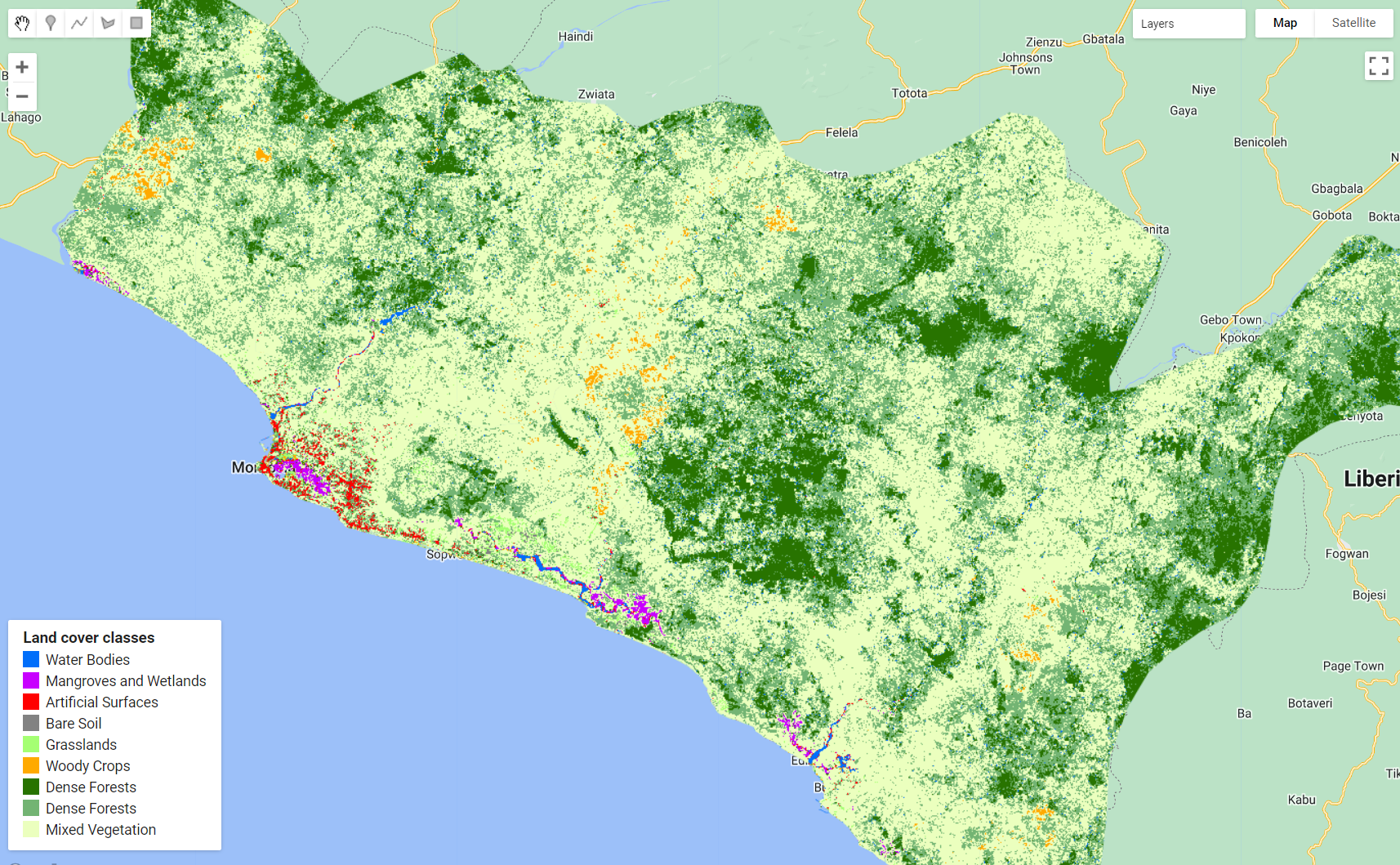 Final land cover map for the study area in Liberia. The classes were created individually and composed into a final map.