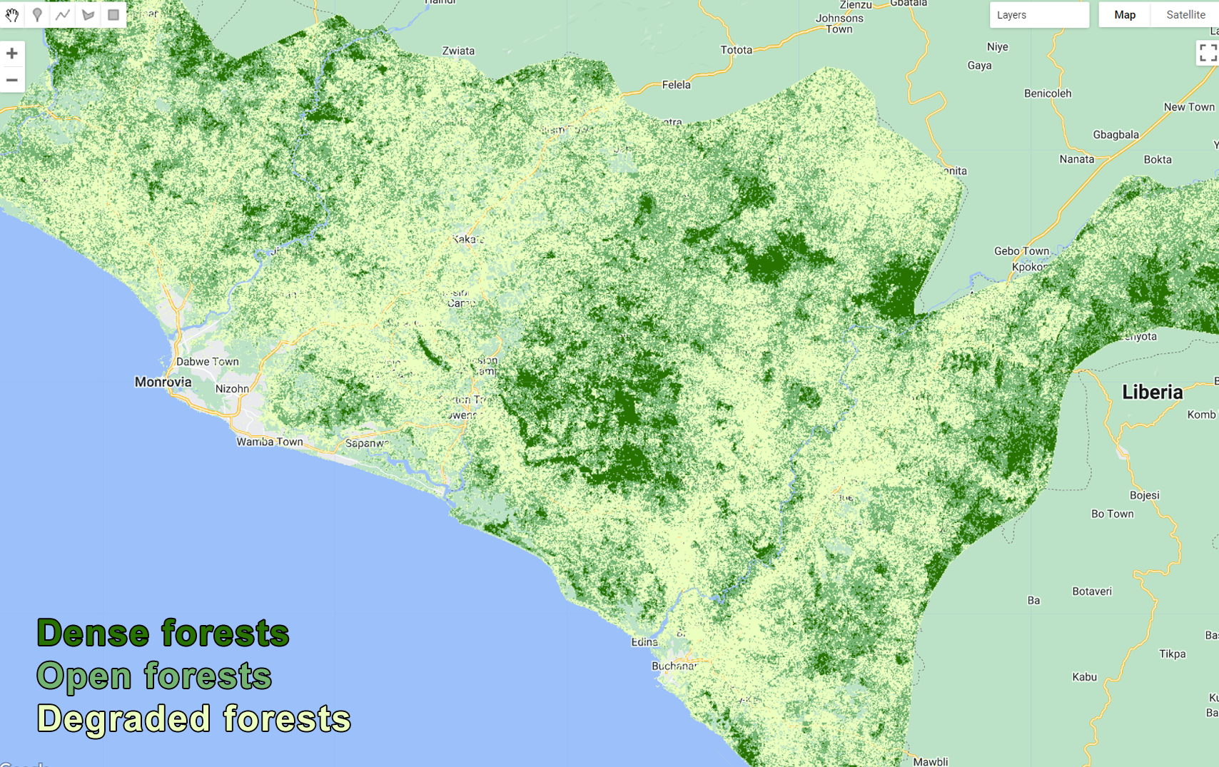 Primary/dense, secondary/open and degraded/sparse forests based on the canopy height thresholds.