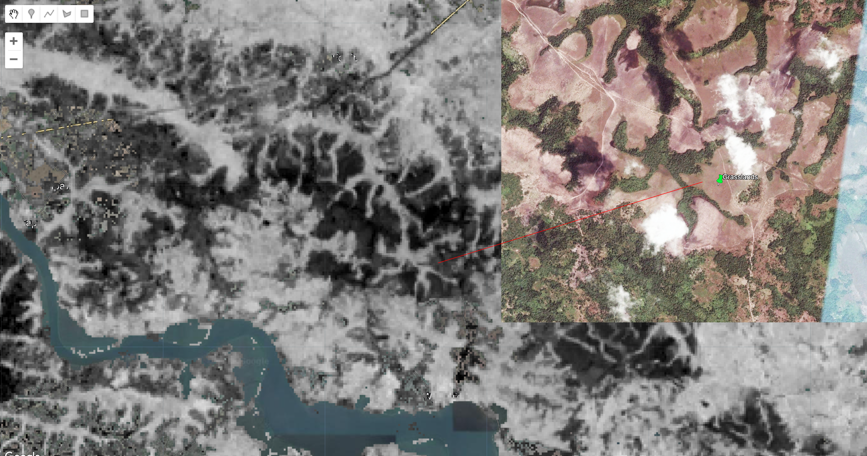 The Normalized Burn Ratio and Grasslands. Areas with little to no vegetation cover is shown in black.