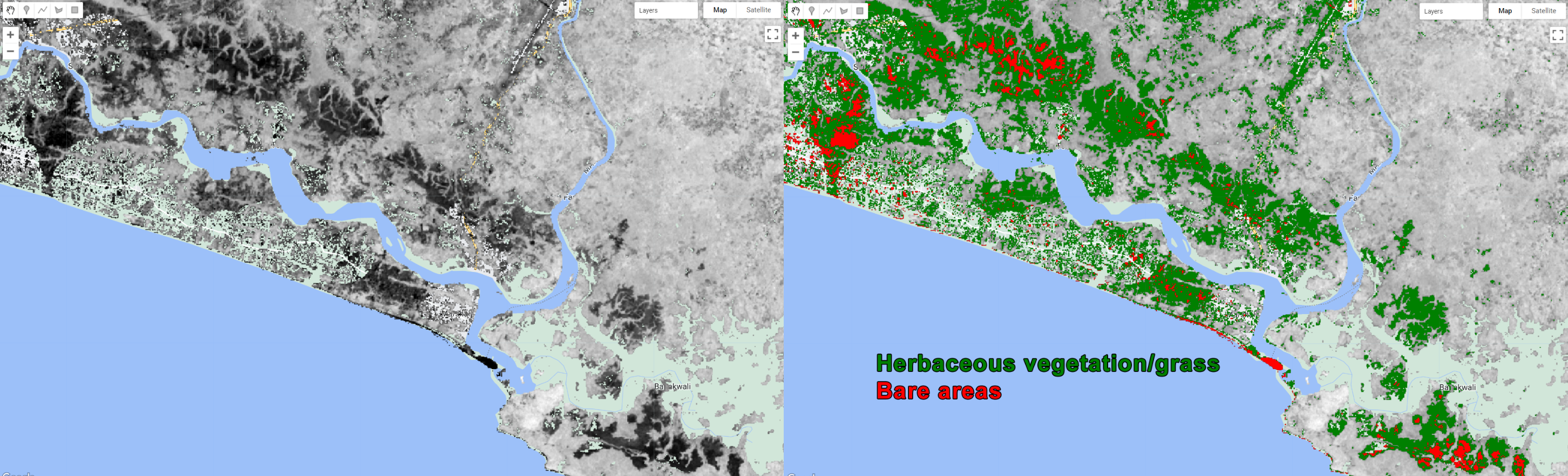 Extracting the herbaceous vegetation/grass and bare areas using NBR thresholds.