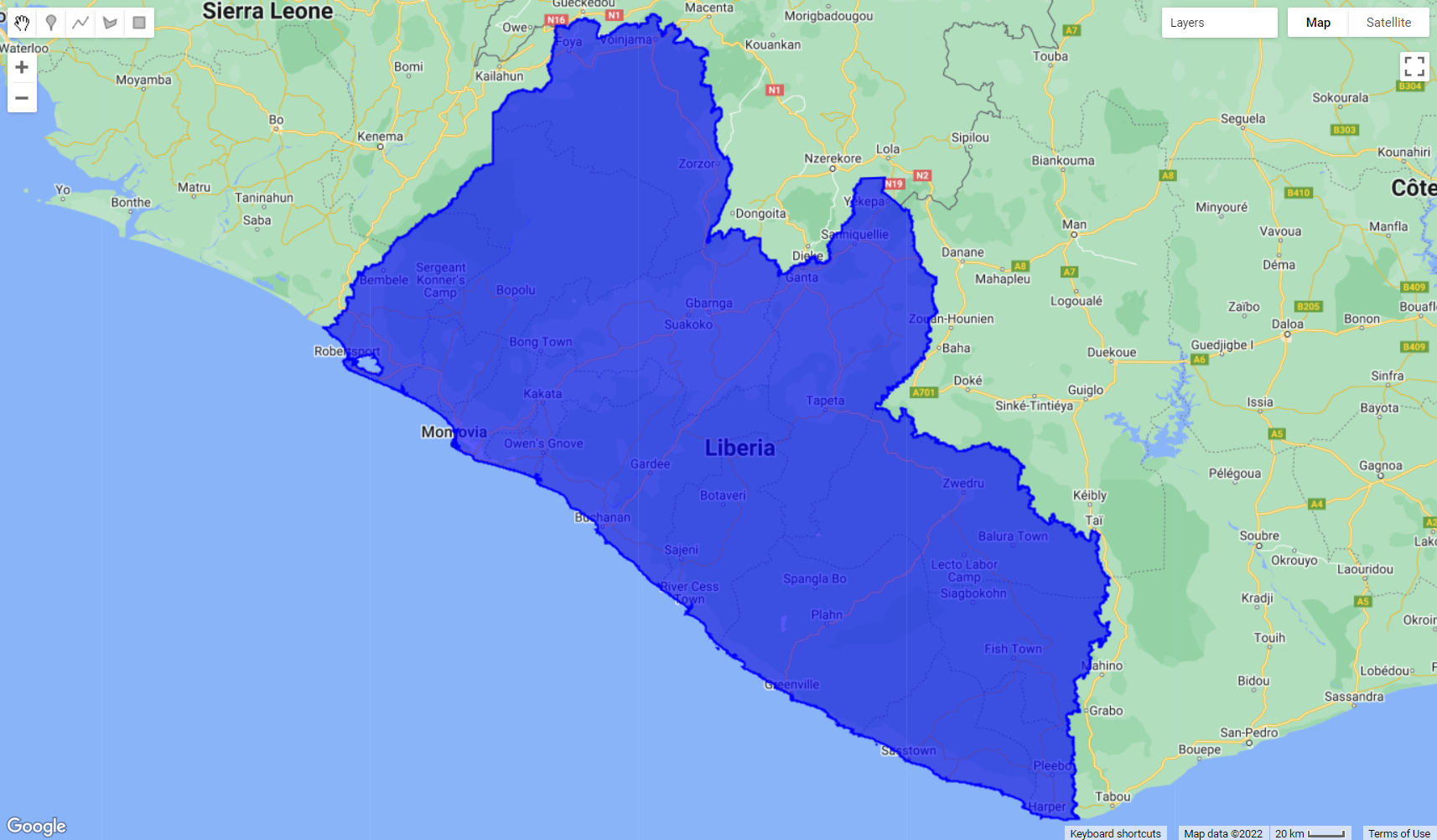 Liberia border extracted from the *Large Scale International Boundary (LSIB)* dataset.