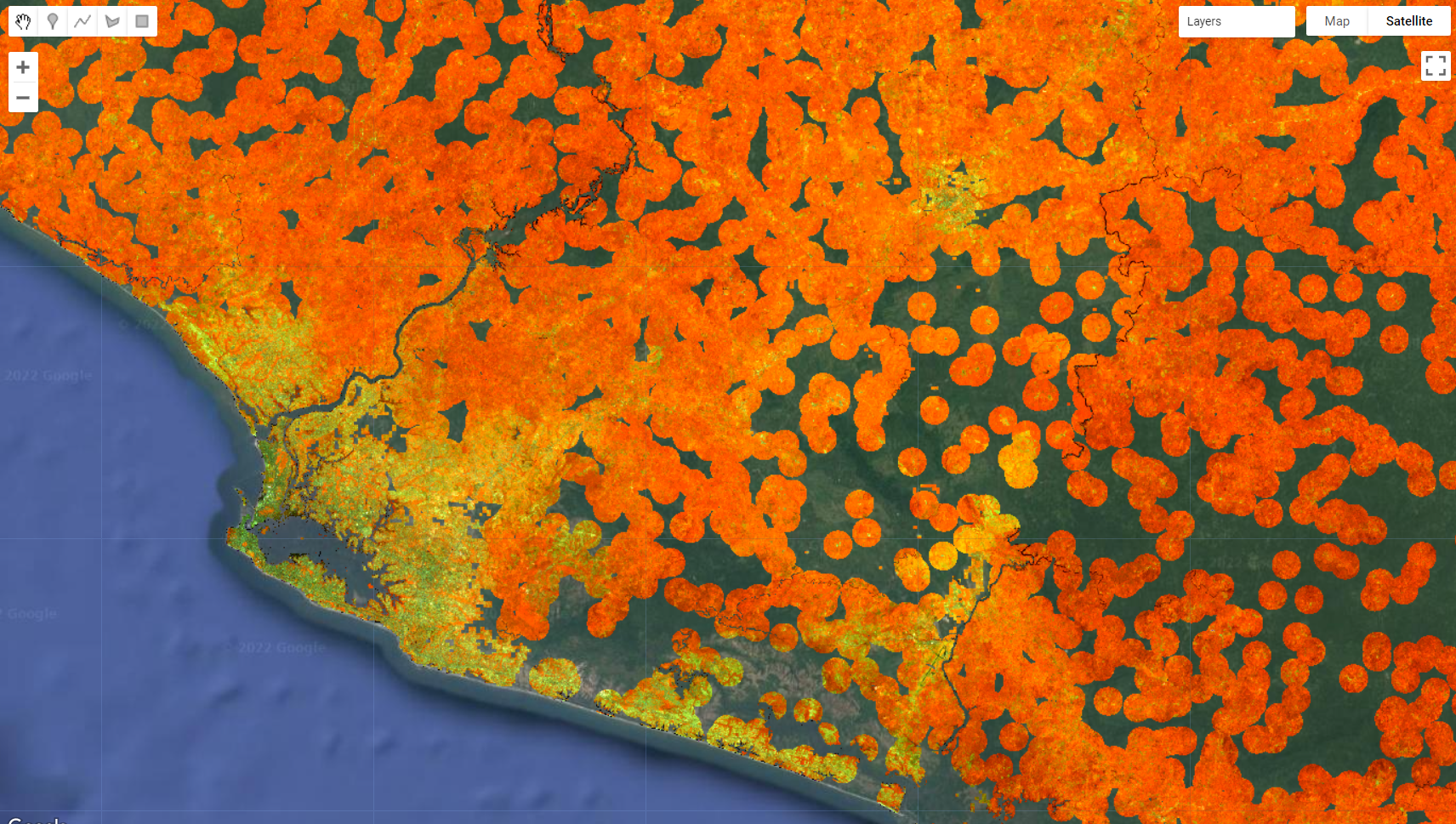 Masked composite using `waterMask`, `mangroveMask` and `populationMask`.