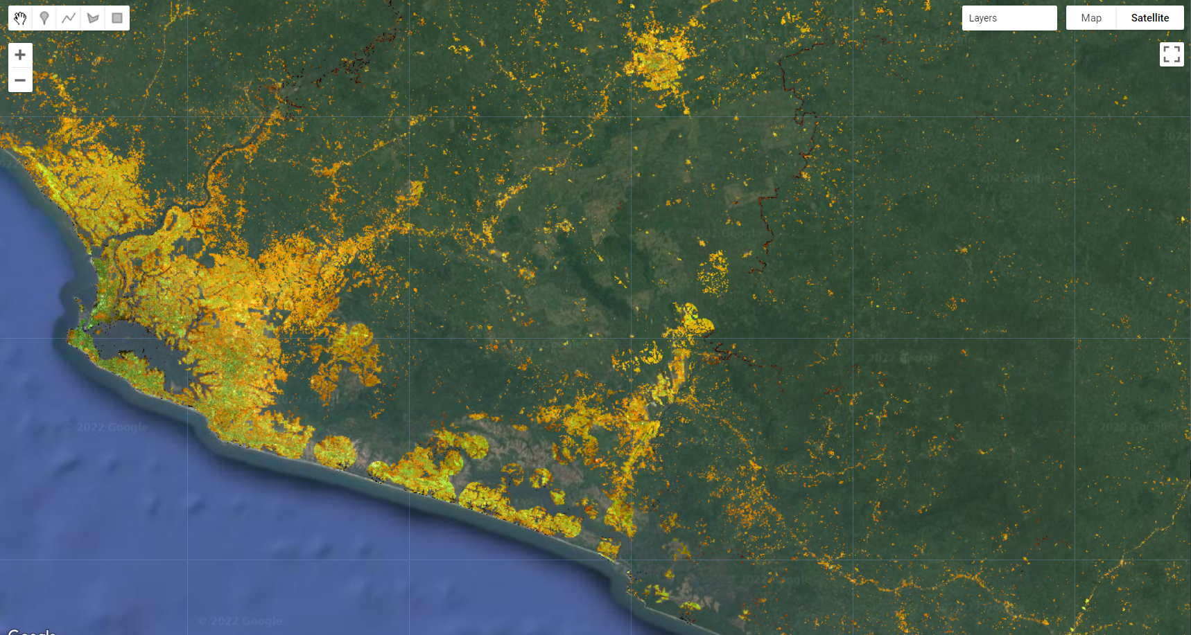 Masked composite using `waterMask`, `mangroveMask` and `populationMask` and `bareMask` showing areas of higher likelihood to be human settlements class.