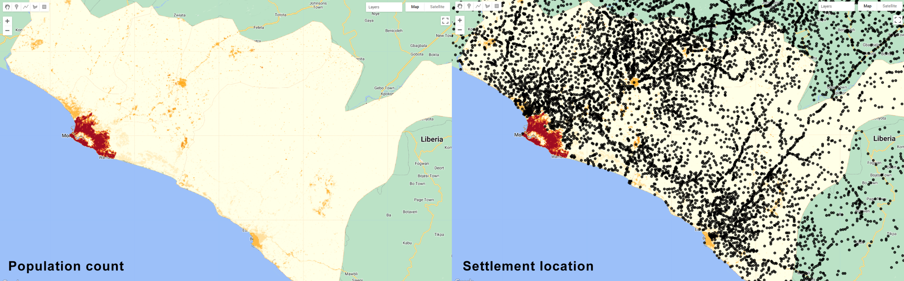 Ancillary datasets for classification of human settlements in Liberia. The population density and small settlement locations is helpful to constrain the classification in certain areas and help reduce misclassification errors with spectrally similar classes such as bare soil.