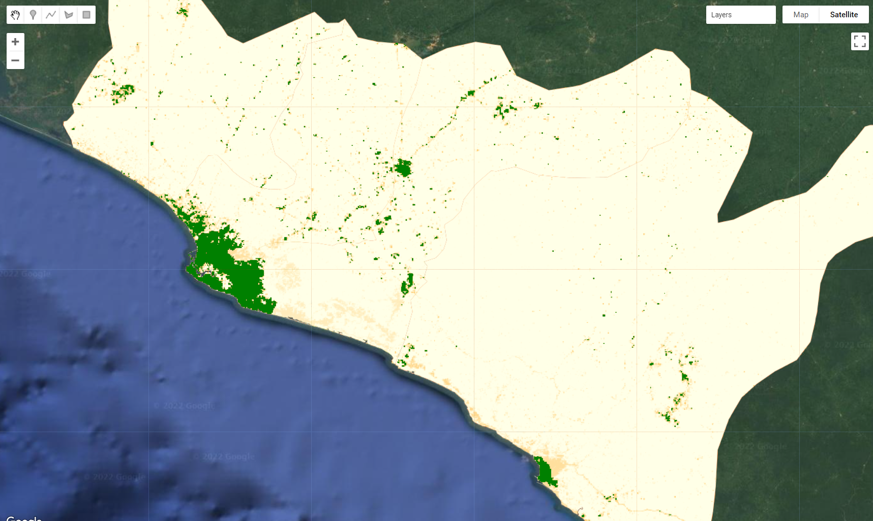 Population mask created by selecting areas that have more than 100 people/pixel. Once this mask is applied, areas with less than 100 people per pixel will be masked.