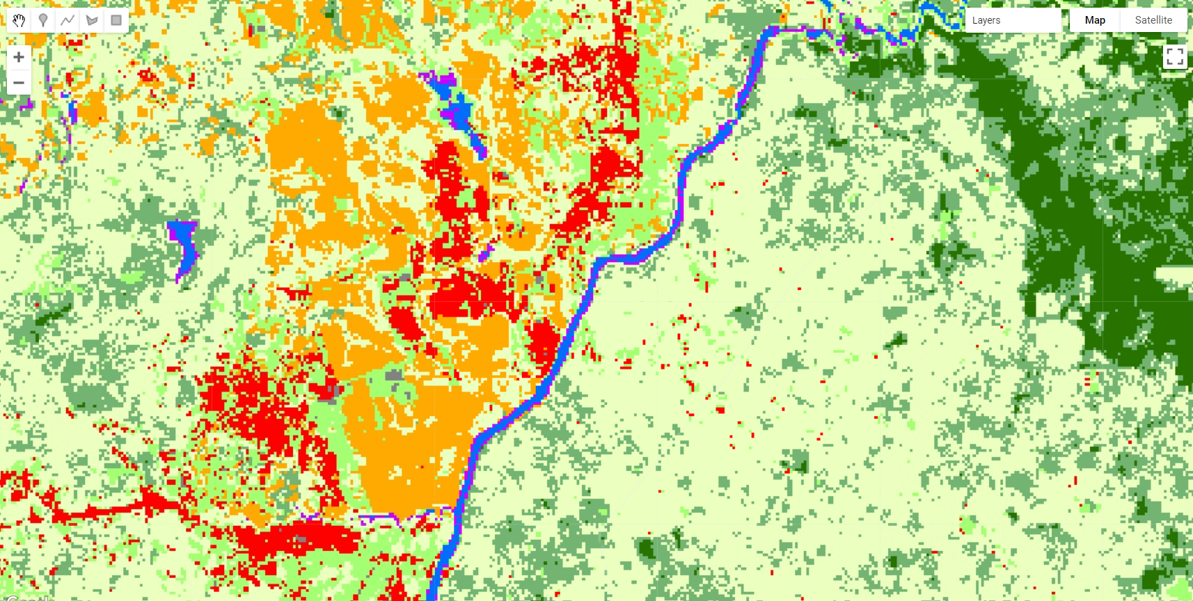 Final land cover map for the study area in Liberia. The the “salt-and-pepper” effect is a common issue that arises from the pixel-based classification of fine/medium spatial resolution imagery.