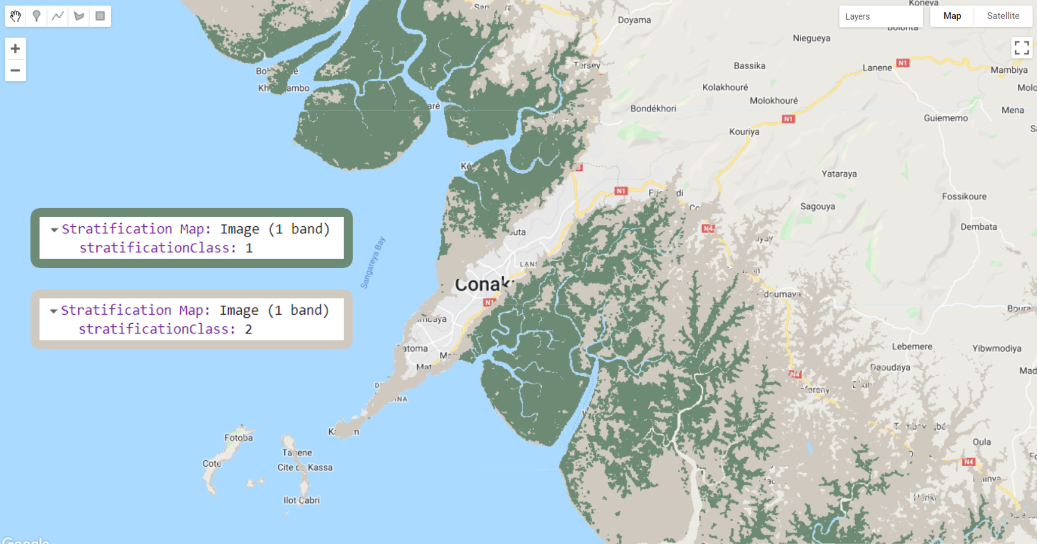 Stratification map `strata` showing Global Mangrove Watch's 2016 Mangrove extent (`stratificationClass: 1`) and non-mangrove areas (`stratificationClass: 2`). The `.stratifiedSample()` method will generate a set of random points to each of these classes.