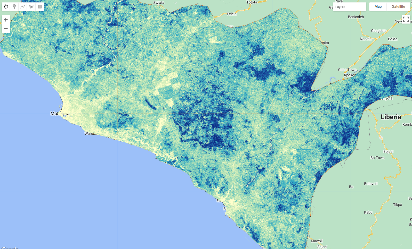 2019 Potapov’s (University of Maryland) global canopy height dataset over the study region in Liberia. Tree heights values straches from low (white) to high (dark blue).