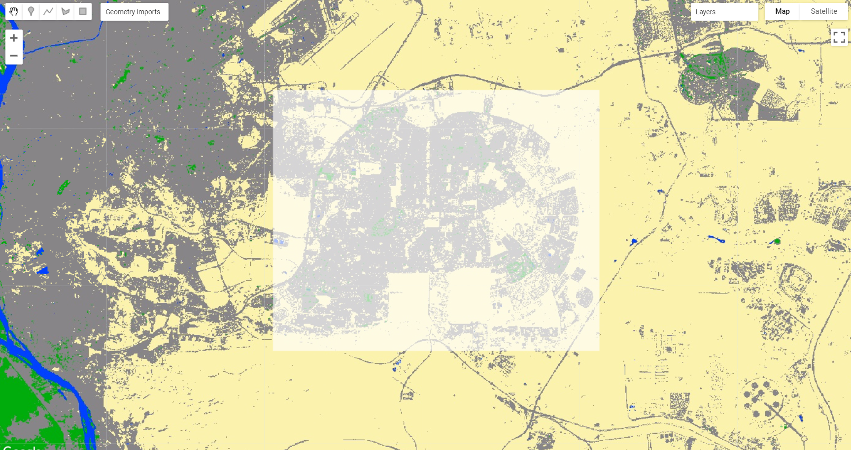 A geometry over an area of `Cairo2020` highlighting cultivated areas next to urbanization.