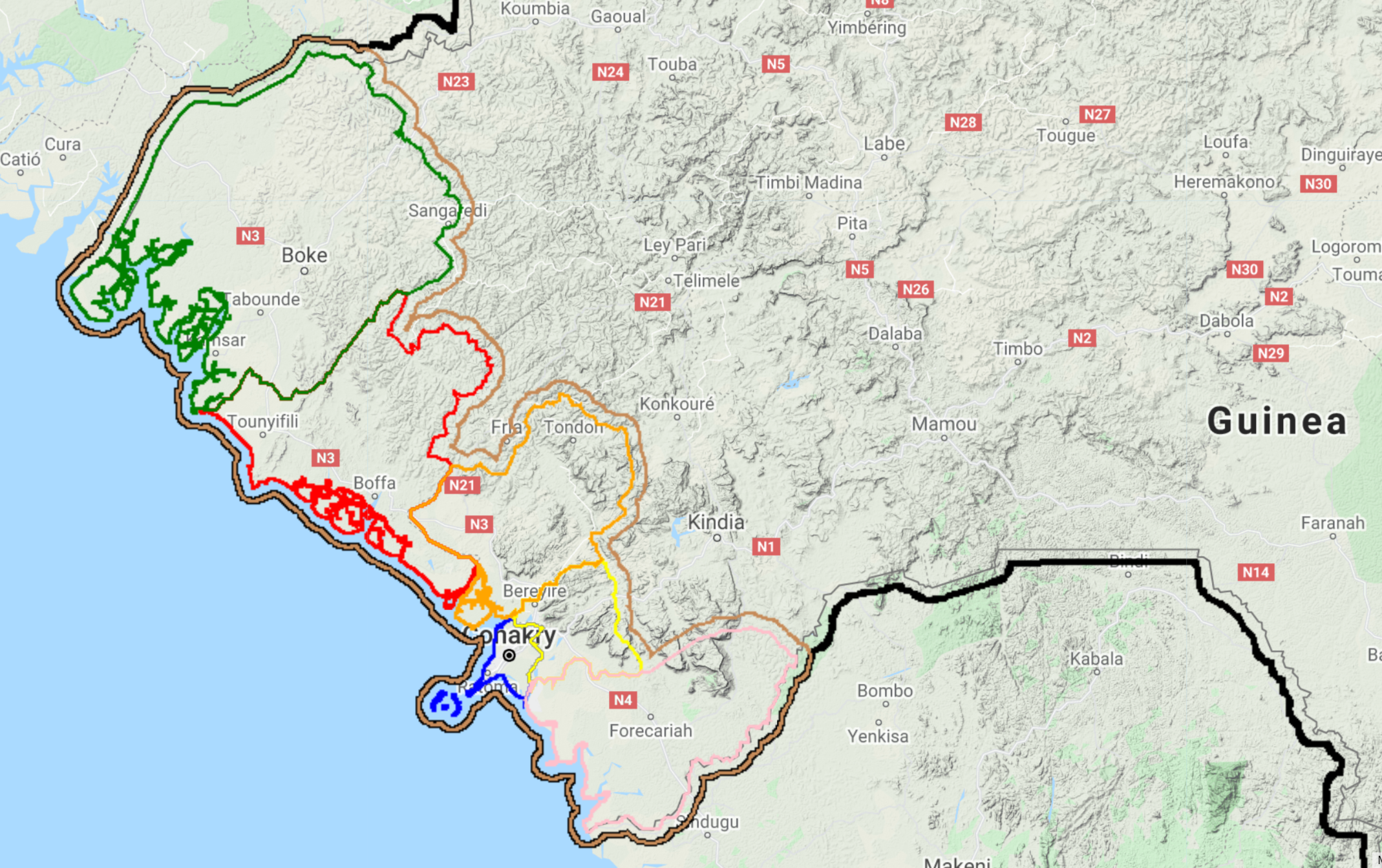 Examples of Guinea's administrative borders.