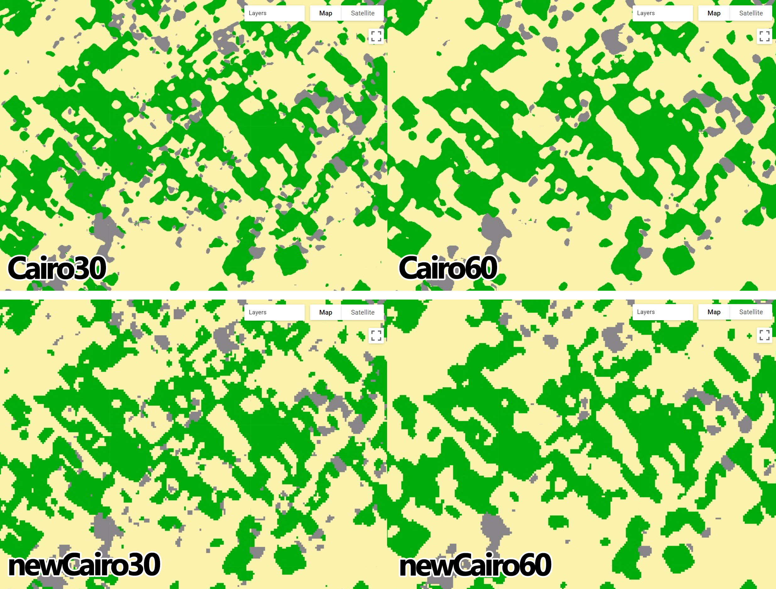 `Cairo2022` processed with `.focal_median` spatial filter with 3x3 and 5x5 pixel windows. Note that the function was reprojected to match `Cairo2022`'s projection and scale. Now the discrete boundaries of classes are pixelated back to 30 meters.