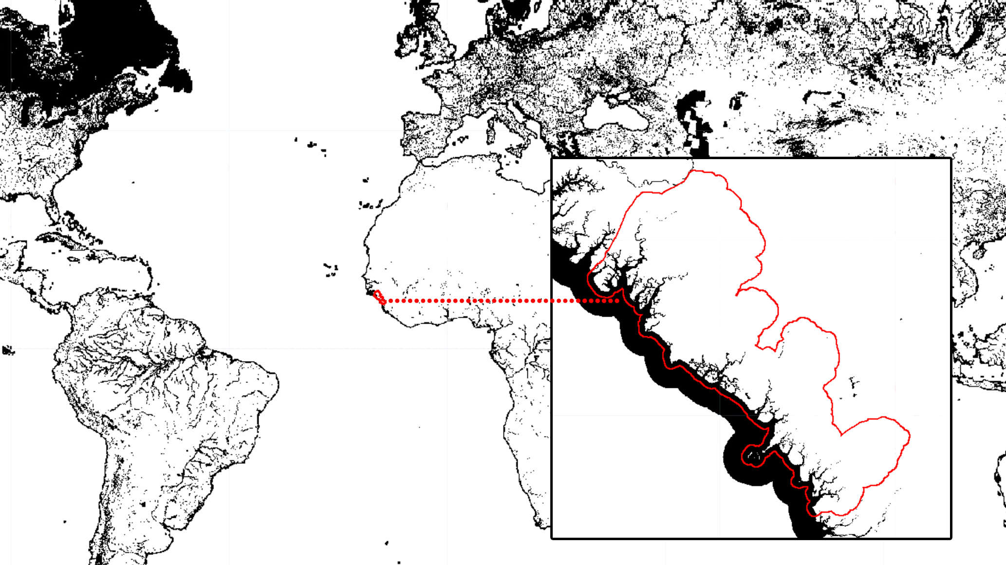 Global water mask produced with JRC’s Global Surface Water dataset and Guinea's coastal prefectures (`aoi`) in red for reference. You can add this mask to the map editor (and clip for `aoi`) using `Map.addLayer(waterMask.clip(aoi), {}, 'Water Mask')`. Areas in black (0) will be masked in the composite while areas in white (1) will remain.